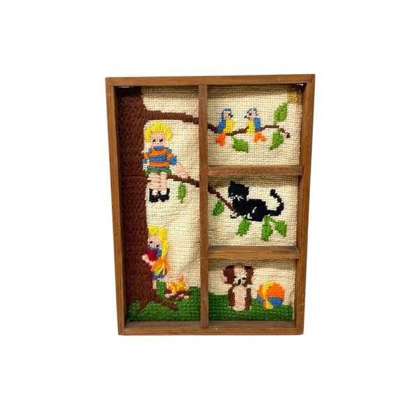 Vintage Needlepoint Childrens Room Kids Framed Climbing Tree Cat Nursery - Picture 1 of 10